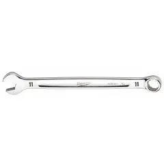 This 11 mm metric 12-point combination wrench features a chrome finish and a 6 1/2 in overall length. It is used for tightening and loosening fasteners in mechanical and assembly tasks.