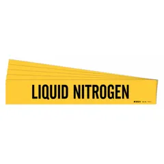 Yellow adhesive pipe marker with black legend reading 'Liquid Nitrogen'. Fits pipe outer diameters from 2-1/2 to 7-7/8 inches. Pack of 5 markers without arrows. Used to identify cryogenic liquid nitrogen lines in industrial piping systems.