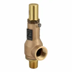 This CASH VALVE pressure relief valve is constructed with a brass body and bronze trim for cryogenic service. It features 1 in male NPTF inlet and 1 1/4 in female NPTF outlet connections, with a set pressure range of 30 to 514 psi. Used to protect cryogenic storage tanks, piping, and process vessels from overpressure conditions.