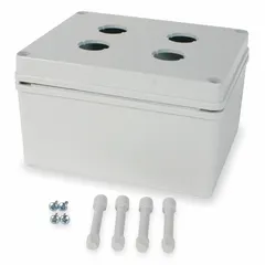 Surface mount box for voice and data jacks. Gray hi-impact housing with 4 ports. NEMA 4X rated for protection against corrosion, dust, and water. Suitable for industrial surface-mount installations requiring a durable enclosure.