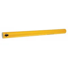 Yellow snap-on pipe marker with black legend text, designed for pipe outer diameters from 1-1/8 to 2-3/8 inches. Includes arrows to indicate flow direction. Suitable for identifying pipe contents in industrial piping systems.