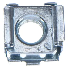 Steel cage nuts, not graded, with zinc-plated finish. M6x1.00 thread, designed for minimum panel thickness of 0.8 mm. Pack of 50. Used to provide threaded mounting points in thin sheet metal for securing equipment within enclosures.