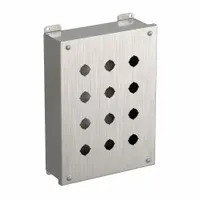 This 316 stainless steel enclosure accommodates 22mm push button operators with 12 holes. Rated NEMA 3R, 4, and 4X, it is suitable for washdown and corrosion-resistant environments in indoor or outdoor applications