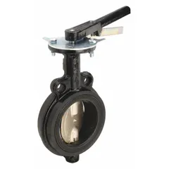 This 4-inch ductile iron butterfly valve features a concentric wafer design with a lever handle and ductile iron disc. Rated for 250 psi CWP, it is suitable for on-off flow control in general-service piping systems handling water, air, and non-corrosive media.