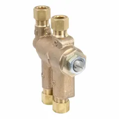 This point-of-use thermostatic mixing valve blends hot and cold water to a consistent outlet temperature. It features 3/8 in inlet and outlet connections. Typical applications include individual fixtures in commercial and institutional settings where scald protection is required.