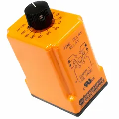 Socket-mounted relay with time-delay voltage monitoring. Operates on 208/240V AC/DC input. Contact rating: 211 VA inductive at 120V AC, 10 A resistive at 24V DC. Suitable for monitoring voltage in industrial control circuits.
