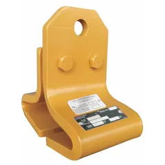 Steel beam lifting clamp with flat profile for top flange mounting. Maximum jaw opening of 3/4 in and overall depth of 4 in. Used for lifting and positioning steel beams in construction, rigging, and material handling applications.