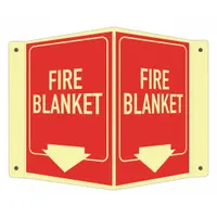 Aluminum sign with mounting holes for wall installation. Nominal size 6 in x 7 1/2 in, 0.04 in thick. Glow-in-the-dark for visibility in low light. Indicates location of a V-shape projection fire blanket with downward arrow