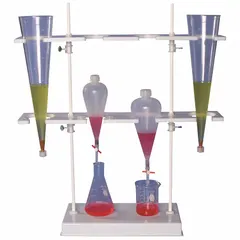 Benchtop separatory funnel rack made of white HDPE with 8 compartments. Overall dimensions: 29 3/4 in height, 26 in length. Lower shelf holds up to 4 separatory funnels. Suitable for organizing and storing funnels in laboratory settings.