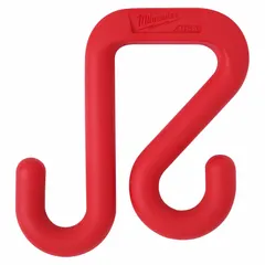 This polymer bucket hook attaches a bucket bag to a work belt or tool pouch. It measures 5 1/2 inches wide, 3/4 inch high, and 6 inches long in red. Suitable for keeping tools and fasteners accessible while working at height or on ladders.
