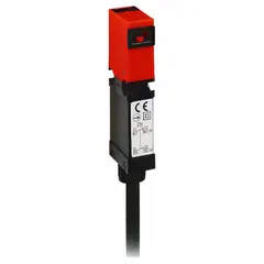 Key-actuated safety-interlock switch from the XCSMP Series with a flat actuating key and 3NC contact form. Features a pivoting/straight key design and a 6.6 ft dead end cable terminal connection. Used to monitor and control access to hazardous machinery in industrial environments.