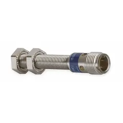 Shielded cylindrical inductive proximity sensor with built-in connector and 2 wires. Operates on 12-48V DC supply voltage. Used for non-contact detection of metallic objects in position sensing, part detection, and machine control applications.