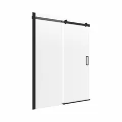 Frameless sliding shower door with matte black finish. Overall height 74 inches, maximum door width 60 inches. Suitable for residential and commercial bathroom enclosures requiring a frameless design.