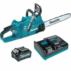 The MAKITA GCU05M1 is a 40V XGT battery-powered chainsaw with a 16-inch bar and rear handle design. It features an automatic chain oiler for continuous lubrication during cutting. Suitable for tree trimming, limbing, and firewood cutting in landscaping and forestry applications.