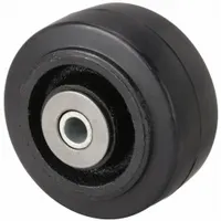 This caster wheel features a rubber tread bonded to an iron core, providing shock absorption and load support for industrial carts, racks, and equipment. With a 5-inch diameter, 2-inch width, and 500 lb load rating, it is suitable for use on factory floors and in warehouses