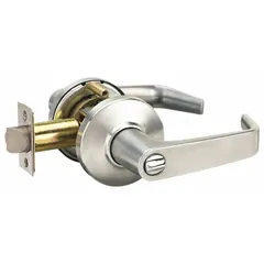 This office lever lockset features a satin chromium-plated zinc finish with a Contour Angle Return lever design. It is ADA compliant and equipped with a Large Format Interchangeable Core (LFIC) for quick rekeying. Suitable for interior commercial doors requiring secure, accessible operation.