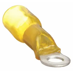 Heat shrink insulated ring terminal for 12 AWG to 10 AWG wire with 5/16 in stud size. Provides environmental sealing against moisture and vibration. Suitable for battery, ground, and power distribution connections in automotive, marine, and industrial wiring.