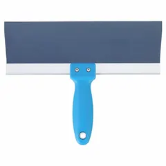 Extra-flexible spreading tool with a straight carbon steel blade and polypropylene handle. Designed for applying joint compound and smoothing tape during drywall finishing. The flexible blade allows precise spreading and feathering on flat surfaces.