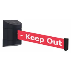 Wall-mount retractable belt barrier with a 15 ft red belt featuring white Danger messaging and a black frame. Designed for permanent installation via a fixed mounting plate to manage pedestrian traffic and cordon off restricted areas in industrial, commercial, and public spaces.