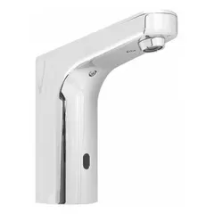 This single-post sensor faucet is constructed of brass with a polished chrome finish. It operates on battery power and includes mounting hardware. Designed for touch-free operation in commercial restrooms and public facilities, it helps reduce cross-contamination and water waste.