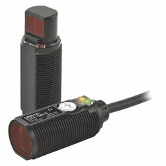Cylindrical receiver and transmitter set with built-in 4-pin M12 connector. Operates on 10-30V DC supply voltage. M18 threaded housing for mounting in industrial sensing applications such as object detection, presence sensing, and positioning.