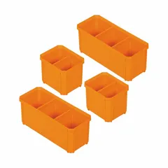 Set of four orange plastic replacement bins for MODbox tool boxes. Each bin measures 3-7/8 in wide by 4-1/8 in high by 9-1/2 in long and includes four dividers for custom compartmentalization. Suitable for organizing tools and small parts in modular storage systems.