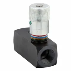Manual flow control valve with rotary knob adjustment. Steel body with 3/4 in NPT ports. Used to regulate fluid flow in hydraulic systems for industrial equipment, material handling, and mobile machinery.
