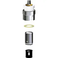 This metering faucet cartridge is constructed of brass and is suitable for use with hot and cold water. It is designed for commercial restrooms, kitchens, and laboratories where timed flow control is required. The cartridge includes one washer