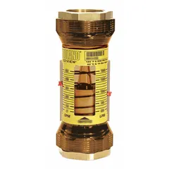 This inline variable-area flowmeter measures water flow in gallons with ±5% accuracy. It features a scale display, remote output, universal mounting orientation, and Buna-N seals and O-rings. Suitable for monitoring flow in piping networks, cooling loops, and process water lines.
