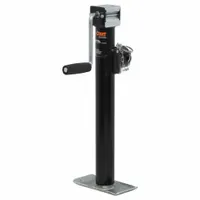 This CURT trailer jack is a sidewind, weld-on model with a foot-plate base. It has a static load capacity of 2,000 lb and a maximum lift height of 30-1/8 in. The sidewind handle allows operation from the side for clearance. Used for lifting and supporting trailer tongues during coupling, uncoupling, or leveling