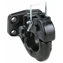 This pintle hook is constructed from steel with a powder-coated finish. It is designed for heavy-duty towing applications, such as coupling a tow vehicle to a trailer equipped with a lunette ring. Suitable for use in industrial, agricultural, and construction settings.