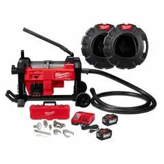 This cordless sectional machine operates on the M18 platform and includes 7 cable sections with a 1 1/4 in cable diameter. It handles pipes up to 8 in diameter, making it suitable for drain cleaning in residential and commercial plumbing applications. The kit comes with (2) M18 batteries.