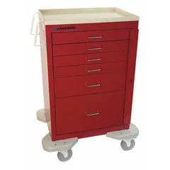 Steel medical procedure cart with 6 red drawers and a red cabinet. Equipped with two swivel casters and two swivel casters with brake for maneuverability and stability. Used for organizing and transporting medical supplies in healthcare settings.