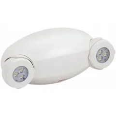 LED emergency light with white plastic housing, rated for damp locations. Operates on 120 to 347V AC input, with 5.3 W lamp watt and 11 W emergency watt. Features self-diagnostic and remote test capabilities, adjustable lamp heads, and surface ceiling mount. Compliant with California Energy Commission Title 20 Section 1605.3.
