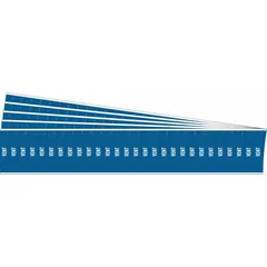 Blue adhesive pipe markers with white 'Vent' legend, designed for pipes with outside diameter of 3/4 inch and smaller. Each pack contains 5 sheets with 28 markers total, without directional arrows. Used for identifying vent piping in industrial and facility piping systems.