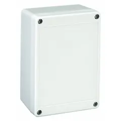 Nonmetallic enclosure molded from polycarbonate with a solid cover and gray finish. Measures 6 in x 4 in x 3 in and is rated NEMA 4 for protection against rain, sleet, and hose-directed water. Suitable for housing electrical controls, terminals, and instruments in indoor or outdoor environments where corrosion resistance is required.