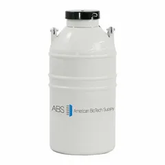 Aluminum cryogenic vapor shipper with 3.6 L capacity for transporting temperature-sensitive biological samples. Overall diameter 8 3/4 in. Includes rack for sample organization. Suitable for laboratory cold-chain logistics.