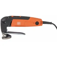 Scroll-cut shear for sheet metal cutting. Cuts steel up to 16 gauge with a minimum cutting radius of 1/2 inch. Suitable for straight cuts, curves, and intricate patterns in metal fabrication and HVAC work.