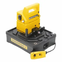 This corded electric hydraulic pump unit delivers a maximum operating pressure of 10,000 psi and a maximum flow rate of 20 cu in/min, powered by a 1/2 hp motor. It features a 2-position control and retract function, designed for use with single-acting cylinders in lifting, pressing, and clamping applications.