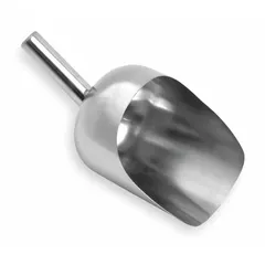 This silver stainless steel hand scoop is designed for hygienic material handling in food processing, pharmaceutical, and industrial settings. With an overall length of 13 inches and width of 6 1/4 inches, it is suitable for transferring powders, grains, or bulk ingredients.