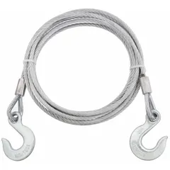 This 20 ft tow cable features a forged hook and grab hook attachment for secure coupling. Suitable for emergency towing of vehicles or equipment. Silver finish.