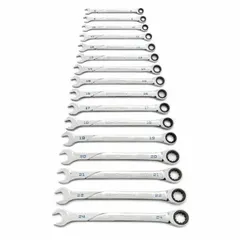 This 16-piece SAE 12-point ratcheting combination wrench set is constructed from alloy steel with a full polish chrome finish. The ratcheting box end enables faster fastener tightening and loosening without repositioning the tool, suitable for confined spaces and repetitive tasks in automotive repair, industrial maintenance, and mechanical assembly.