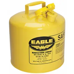 This Type I safety can is designed for storing and dispensing diesel fuel. Constructed from powder coated steel in yellow, it has a 5 gallon capacity. Suitable for industrial environments requiring safe fuel handling and spill prevention.