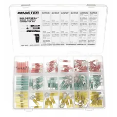 This mixed wire connector and terminal set includes 135 Solderseal™ connectors covering wire sizes 24 AWG to 10 AWG. Supplied in a plastic case for organized storage. Suitable for general electrical wiring applications requiring solderless connections.