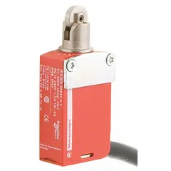 Safety interlock switch with roller plunger actuator for position monitoring of movable guards on industrial machinery. Features 1NC/1NC/1NO contact configuration and 6.6 ft dead end cable connection. Suitable for safety circuit interruption in automated production lines.