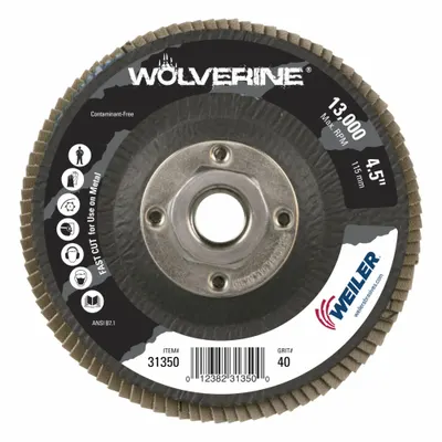 WEILER Flap Disc: Type 29, 4-1/2" x 5/8"-11, Zirconia Alumina, 40 Grit, Phenolic Bk - High-Performance Flap Discs for Carbon & Stainless Steel