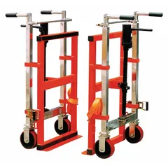 This T-shaped hydraulic-lift mover is designed for lifting and moving heavy machinery and equipment in industrial facilities, warehouses, and maintenance shops. It features a full-length nose plate for stable lifting and includes straps for securing loads. Overall dimensions: 26 1/2 in L x 15 in W x 42 in H.