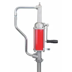 This rotary-crank drum pump features an aluminum/steel housing and Buna-N seals, delivering 32 oz per stroke. It includes a spout for controlled dispensing, suitable for transferring fluids from drums in industrial fluid handling applications.