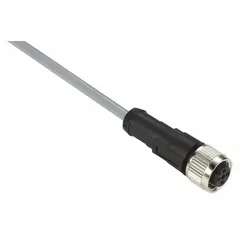 Single-ended cordset with a gray PVC jacket for flexing applications. Features an M12 female straight connector on one end and bare wire on the other, with 5 pins, 22 AWG wire, 5 m cable length, 3 A max current, and IP65 rating. Used for connecting sensors to controllers or power supplies in industrial automation environments.