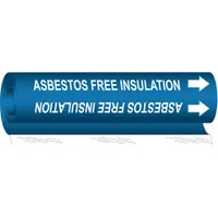 Blue wrap-around pipe marker with white legend reading 'Asbestos Free Insulation' and directional arrows. Fits pipe outer diameters from 2-1/2 to 7-7/8 inches. Used to identify pipe sections without asbestos insulation in industrial piping systems